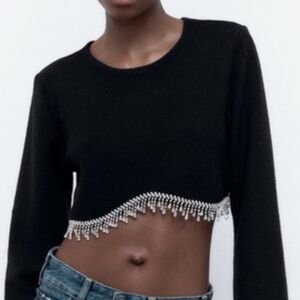 Zara Ribbed Black Crop Top with Silver Rhinestone Trim